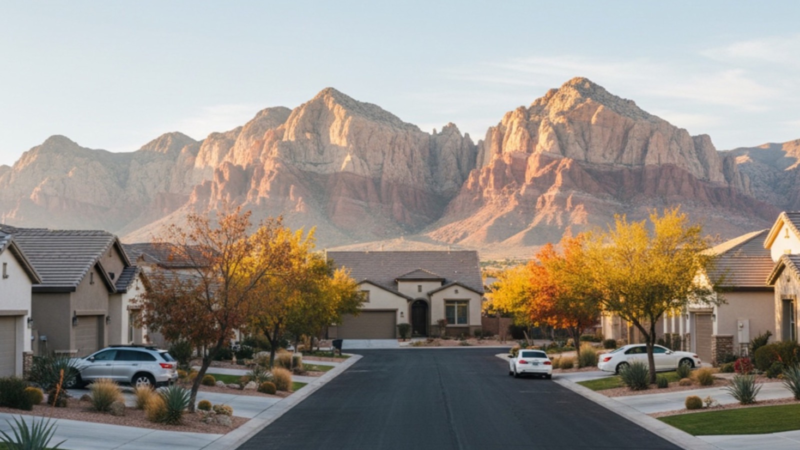 The 215 Beltway curving past Southwest Las Vegas neighborhoods at golden hour with light traffic