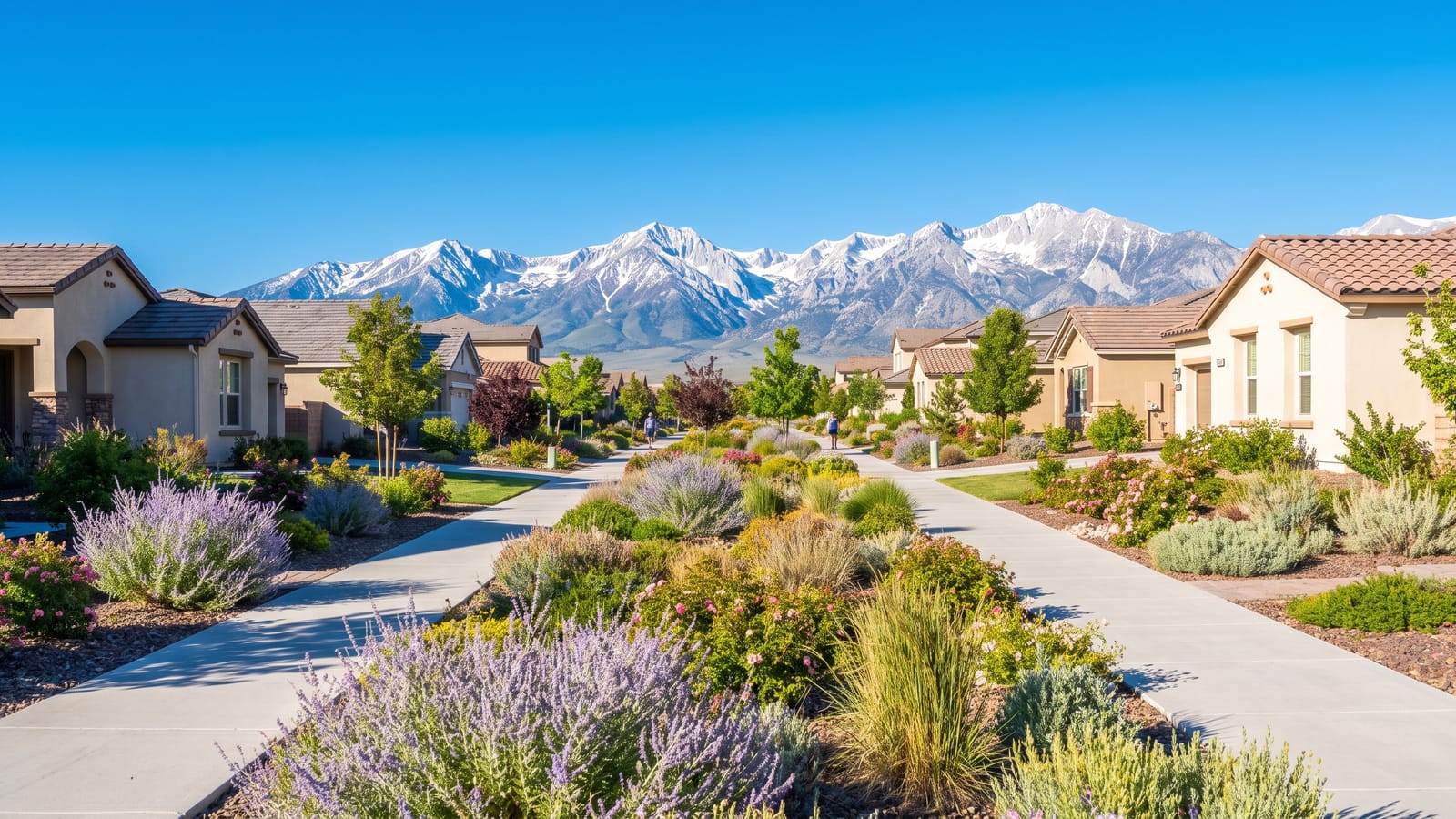 Newer family homes along a bright Spanish Springs Sparks Nevada street with colorful high-desert landscaping and snow-capped Sierra Nevada peaks behind