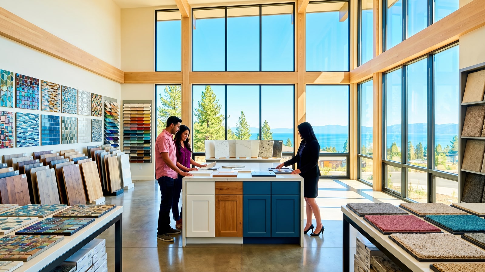 Couple reviewing countertop and cabinet samples with a designer in a bright Sparks Nevada home builder design center showroom