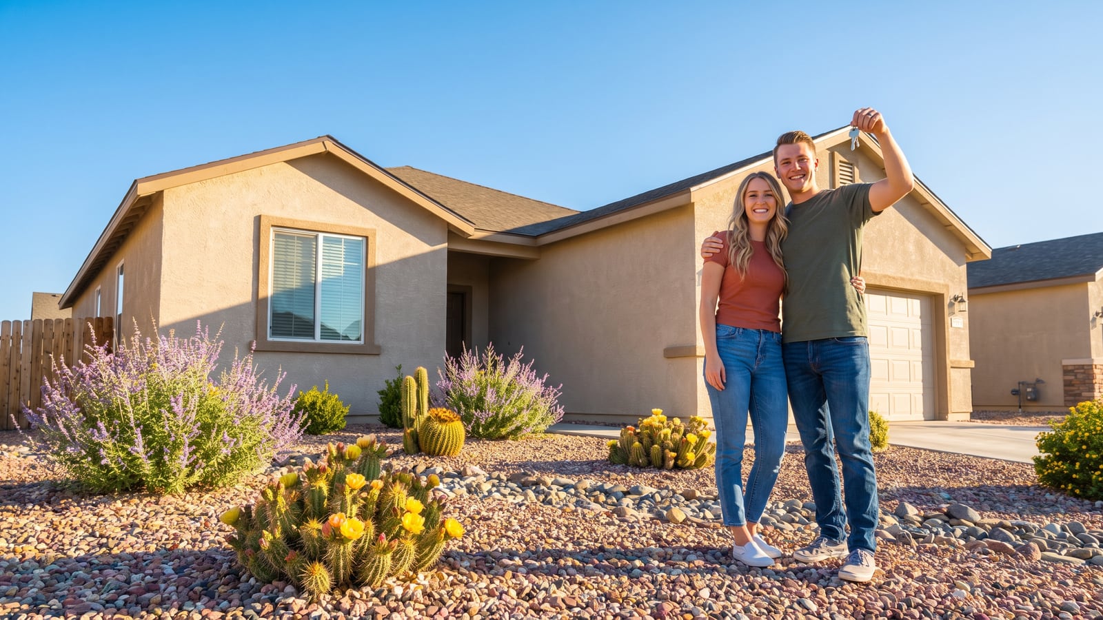 Joyful young couple holding the keys to their first Sparks Nevada starter home with desert landscaping under a bright blue sky