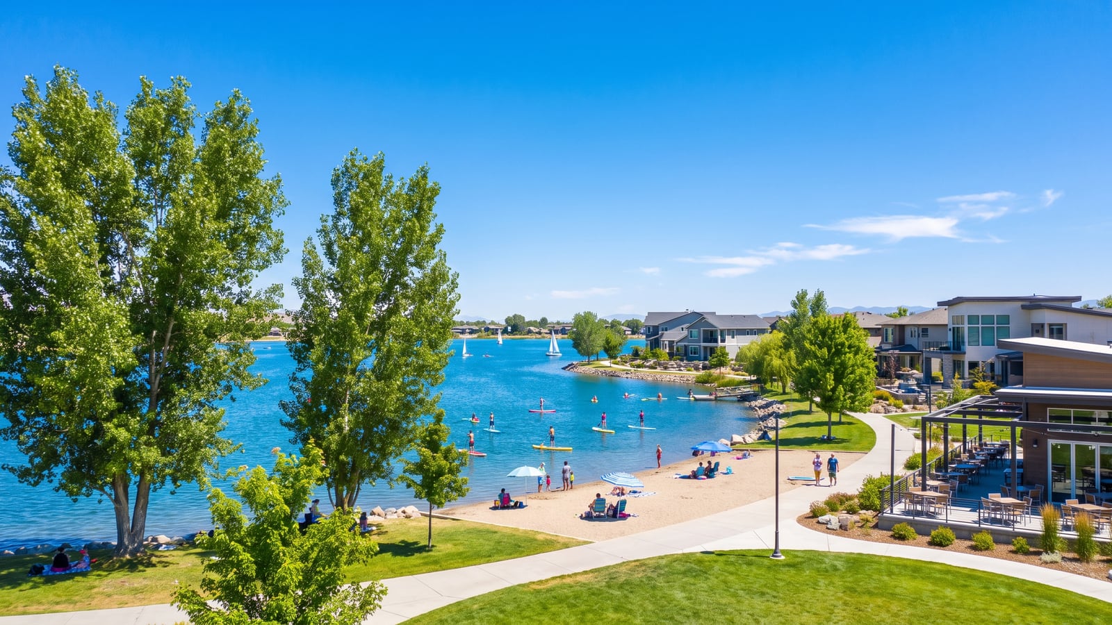 Sparks Marina lake park in summer — beach, paddleboarders, and lakeside homes in the Sparks NV housing market's lifestyle tier