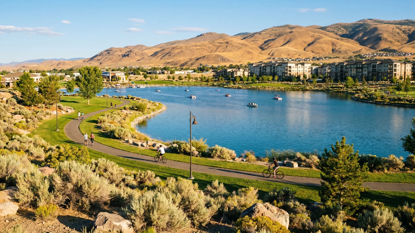 The Sparks Marina, a clear blue spring-fed lake ringed by a park in Sparks, Nevada