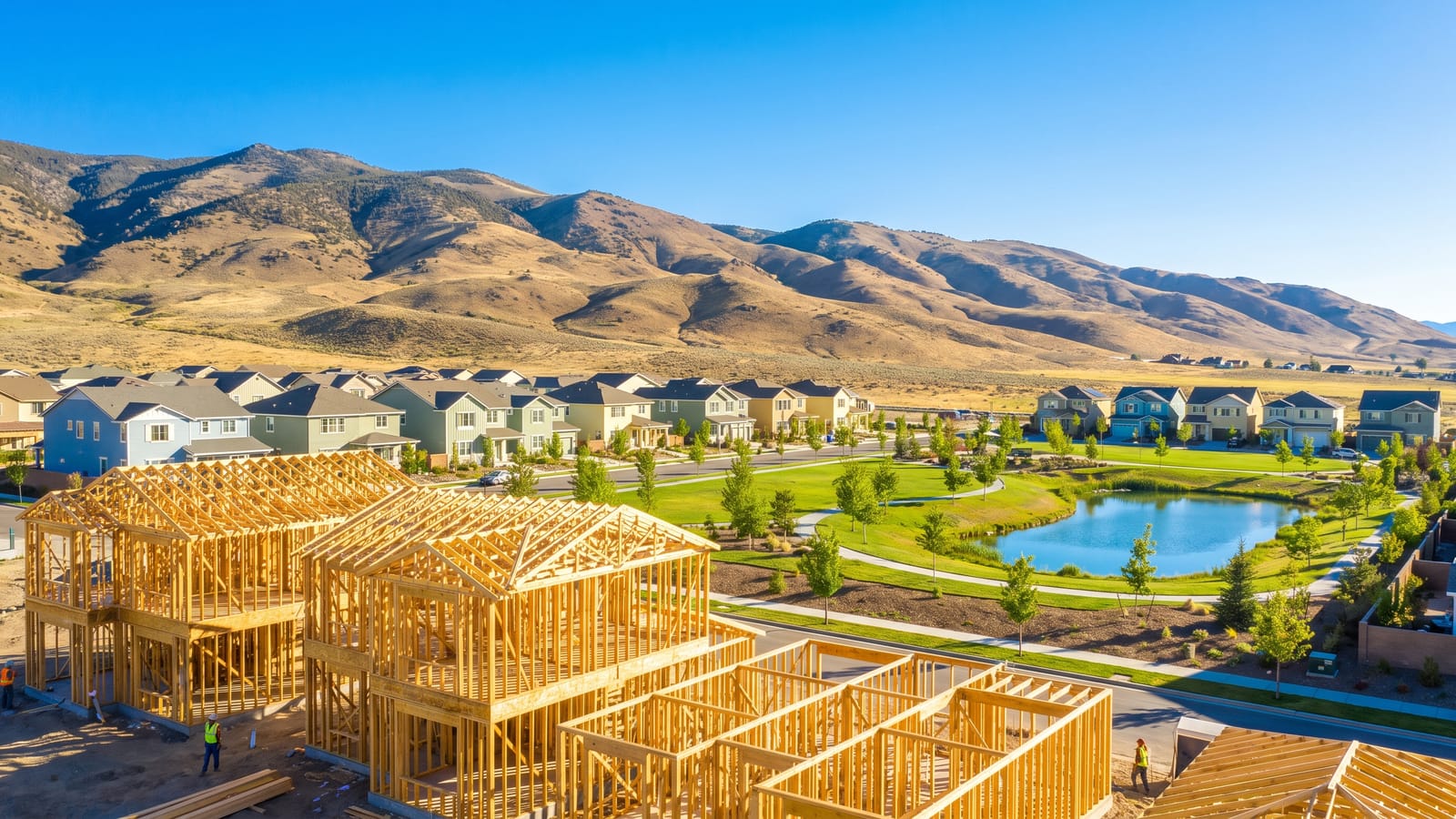 New home construction framing in a Sparks Nevada master-planned community with finished homes and Sierra foothills — Sparks NV new-build market