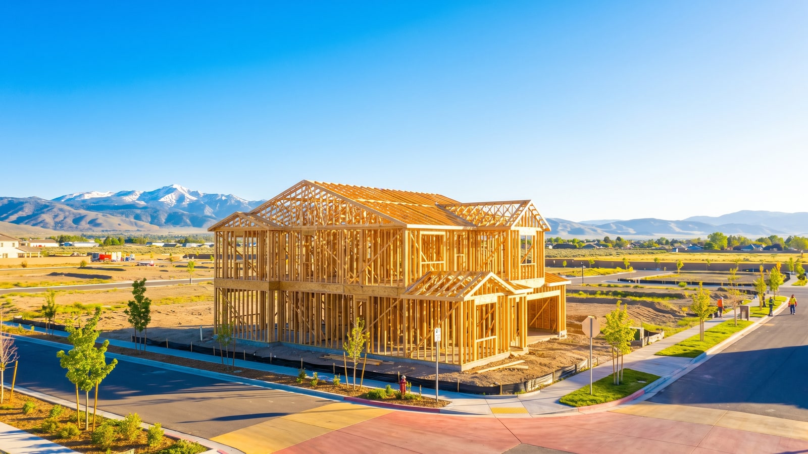 Wood-framed new two-story home under a blue sky in the Spanish Springs valley of Sparks Nevada with snow-capped Sierra peaks behind