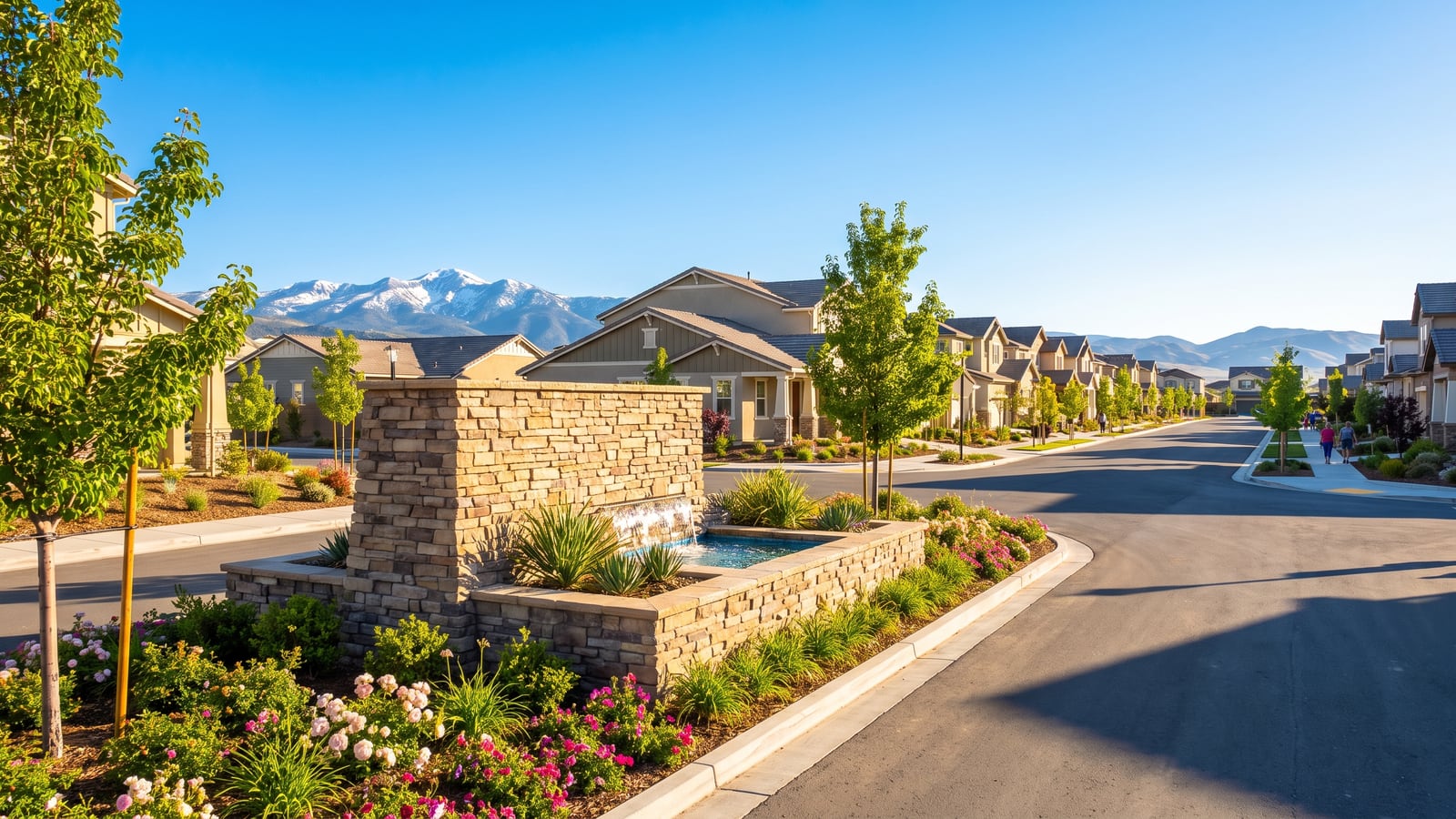 New-build residential streetscape with a stone community entry monument in a Sparks Nevada master-planned neighborhood with Sierra peaks behind