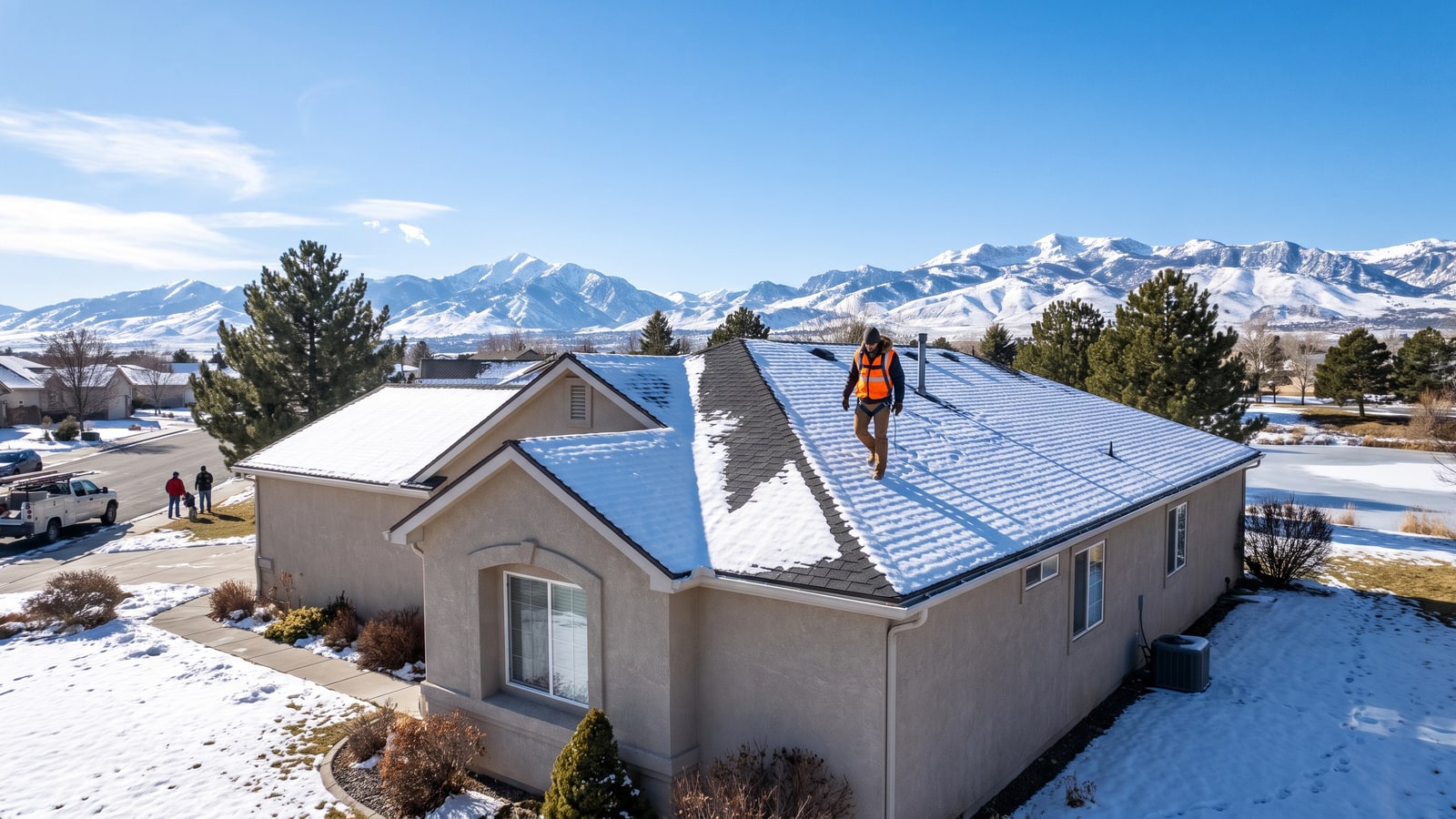 Home inspector checking the snow-dusted roof of a Sparks Nevada single-story home on a bright winter day with snowy mountains behind