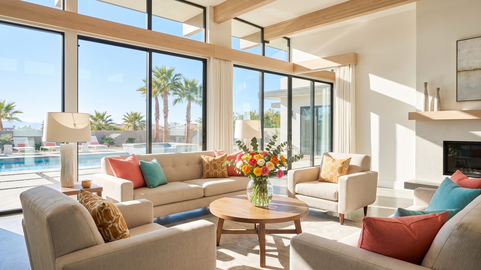 Bright professionally staged living room in a Henderson home prepared for sale with natural light and neutral modern furniture