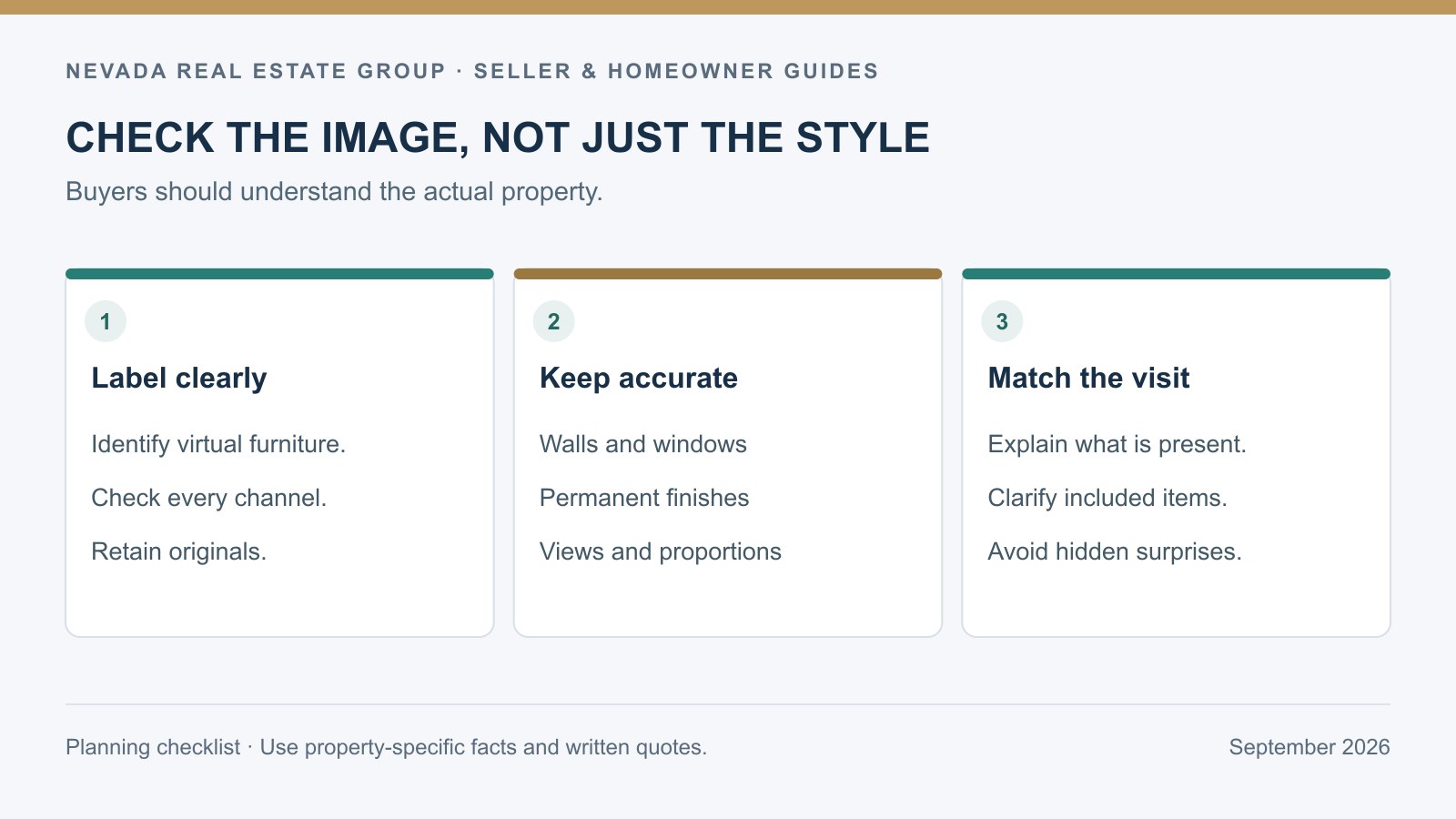Photo review checklist requiring clear digital-staging labels, accurate permanent features, and retained original images