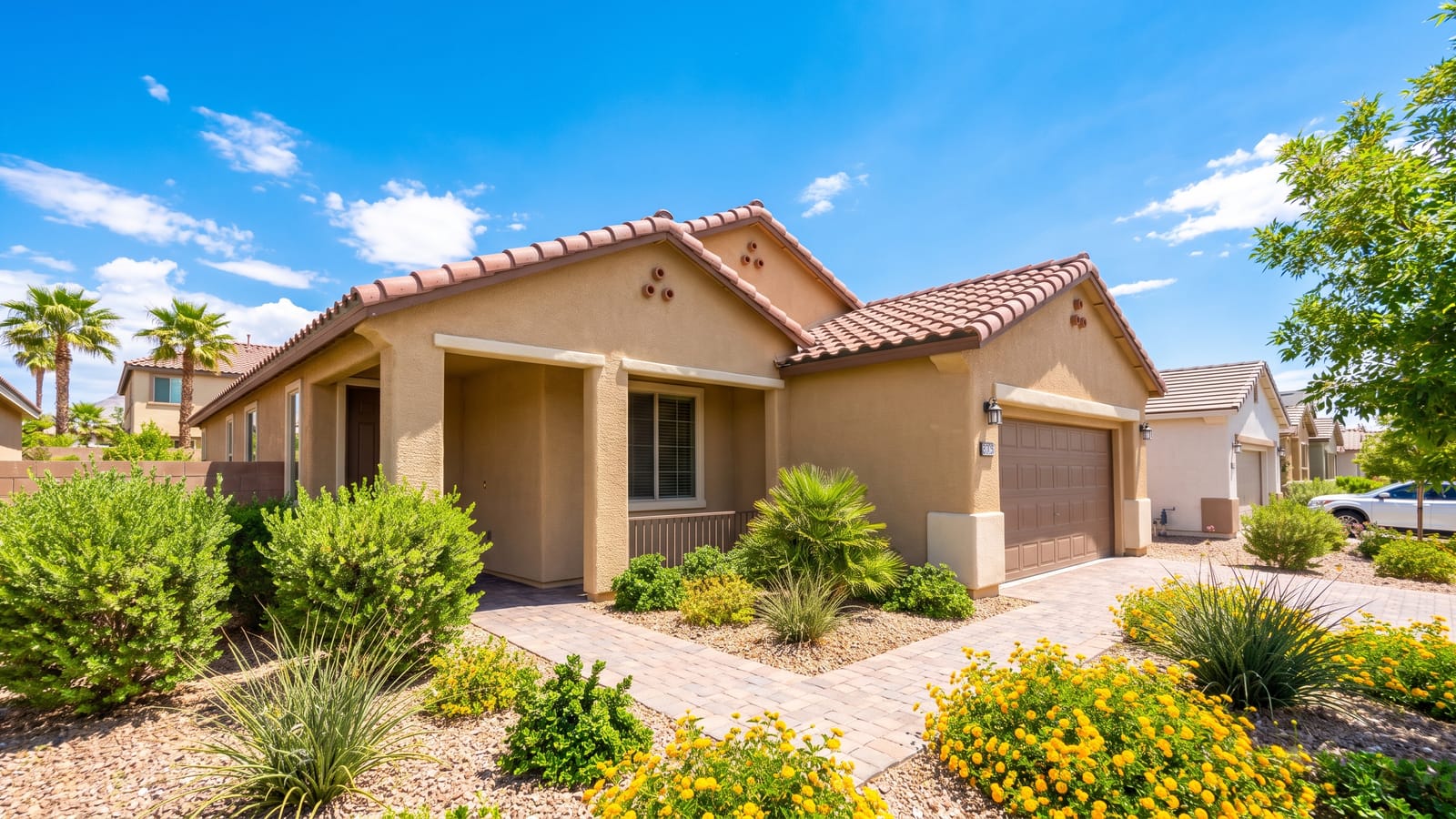 Affordable single-story starter home with desert landscaping on a sunny day in a North Las Vegas neighborhood