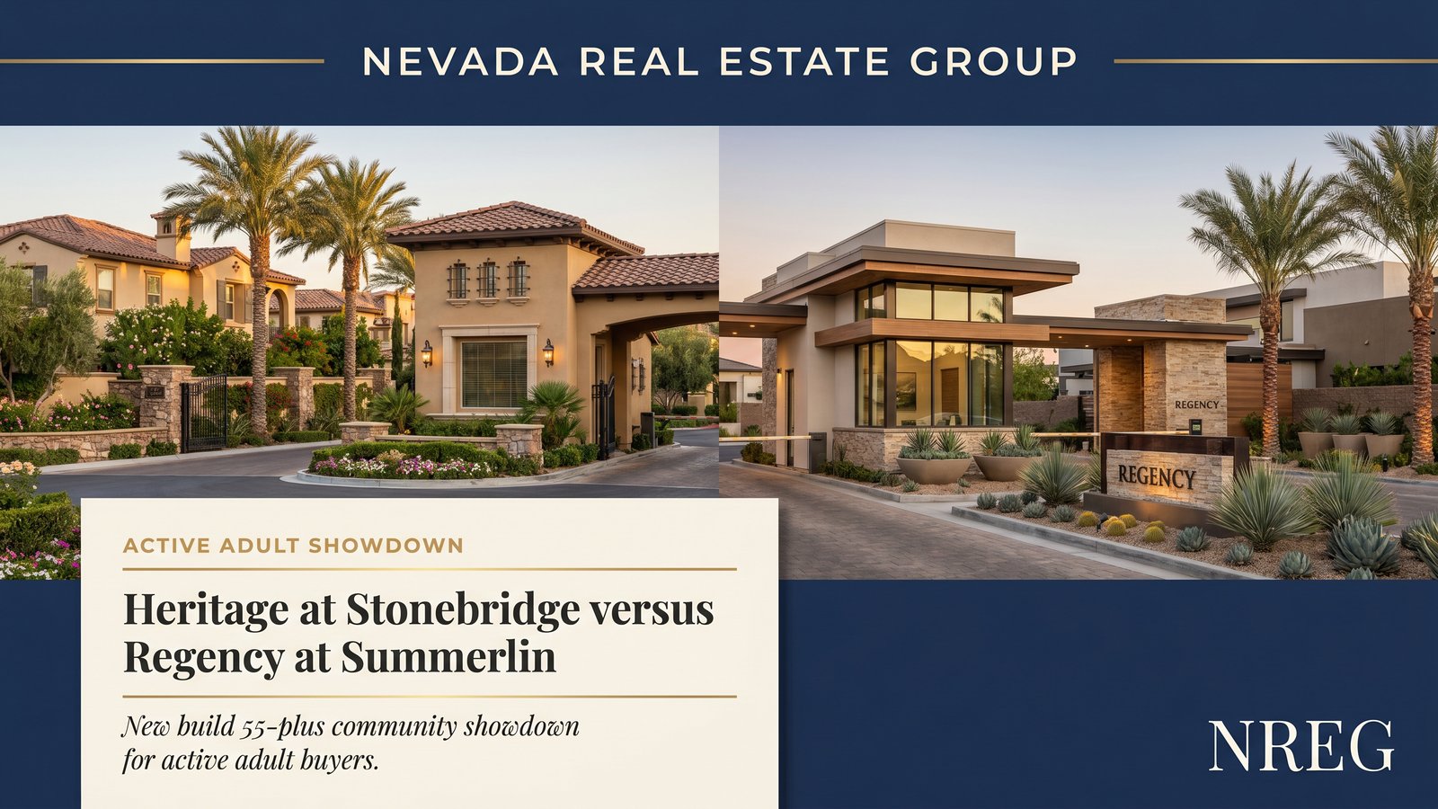 Stonebridge Summerlin Heritage age-restricted gated entry and amenity center with palm trees