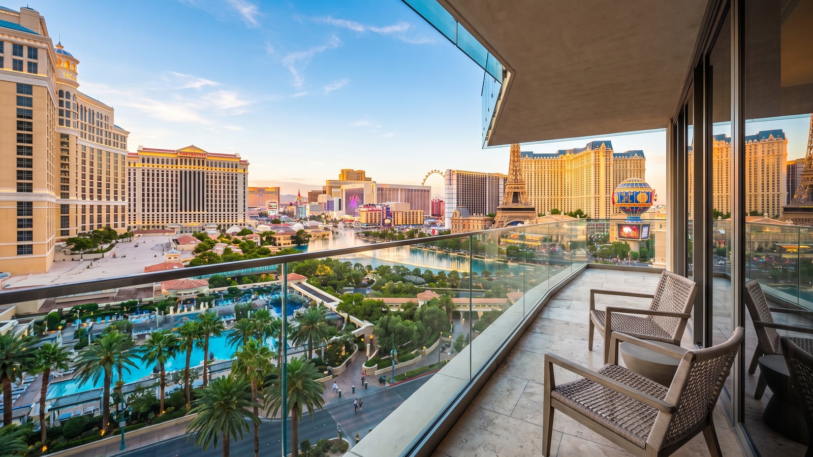 High-rise condo balcony facing the Las Vegas Strip at golden hour with verified view in 2026