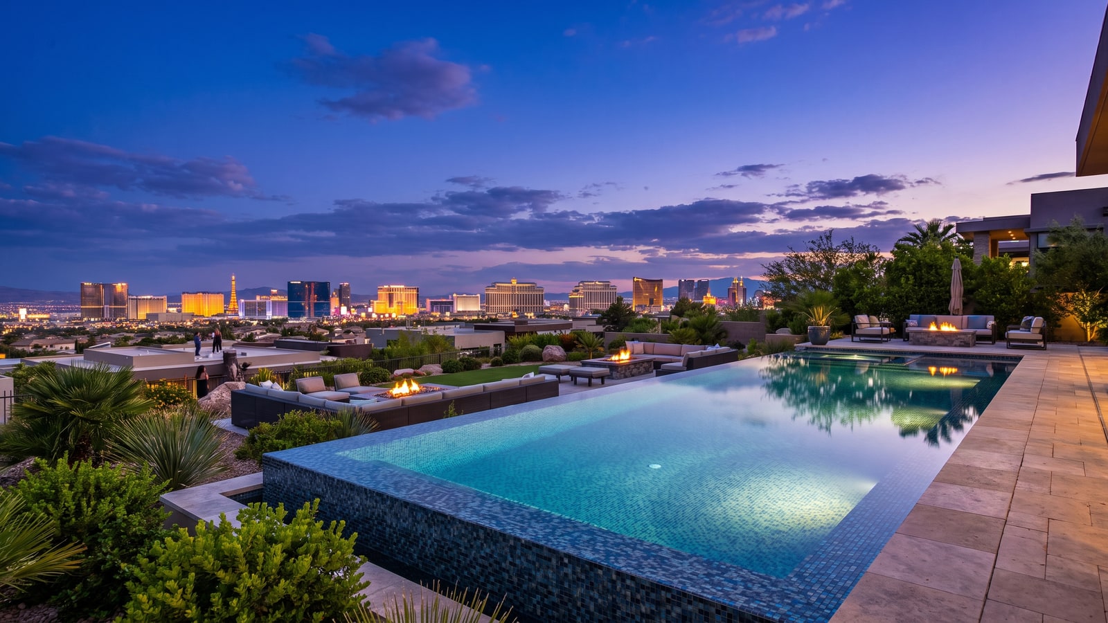 Henderson hillside estate backyard with panoramic Las Vegas Strip view at dusk in 2026
