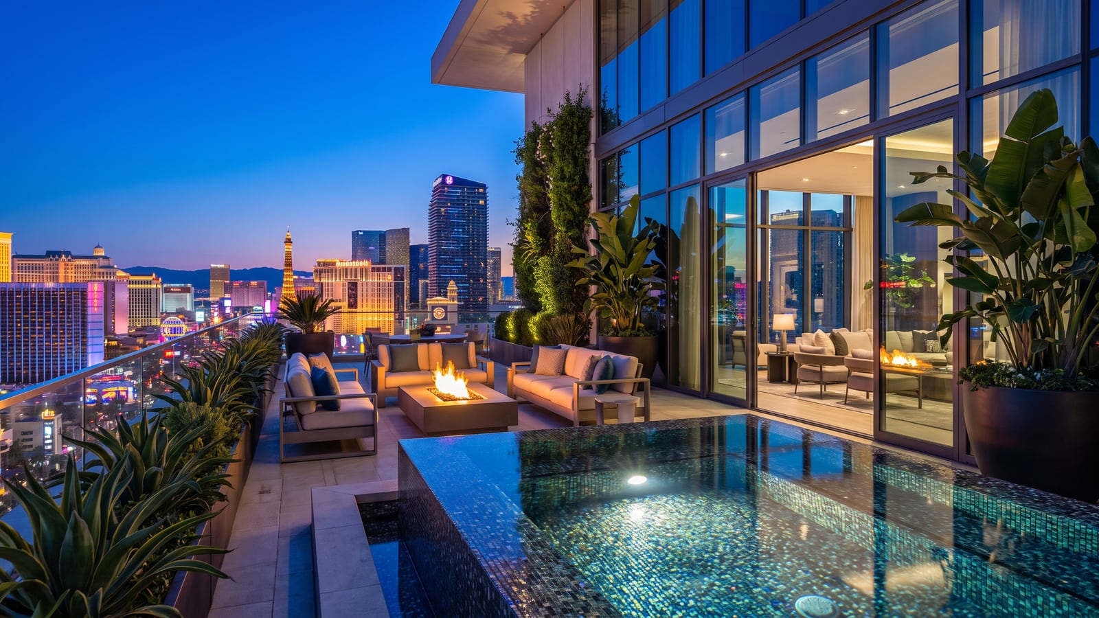Penthouse terrace at night with full Las Vegas Strip skyline view commanding a 2026 price premium