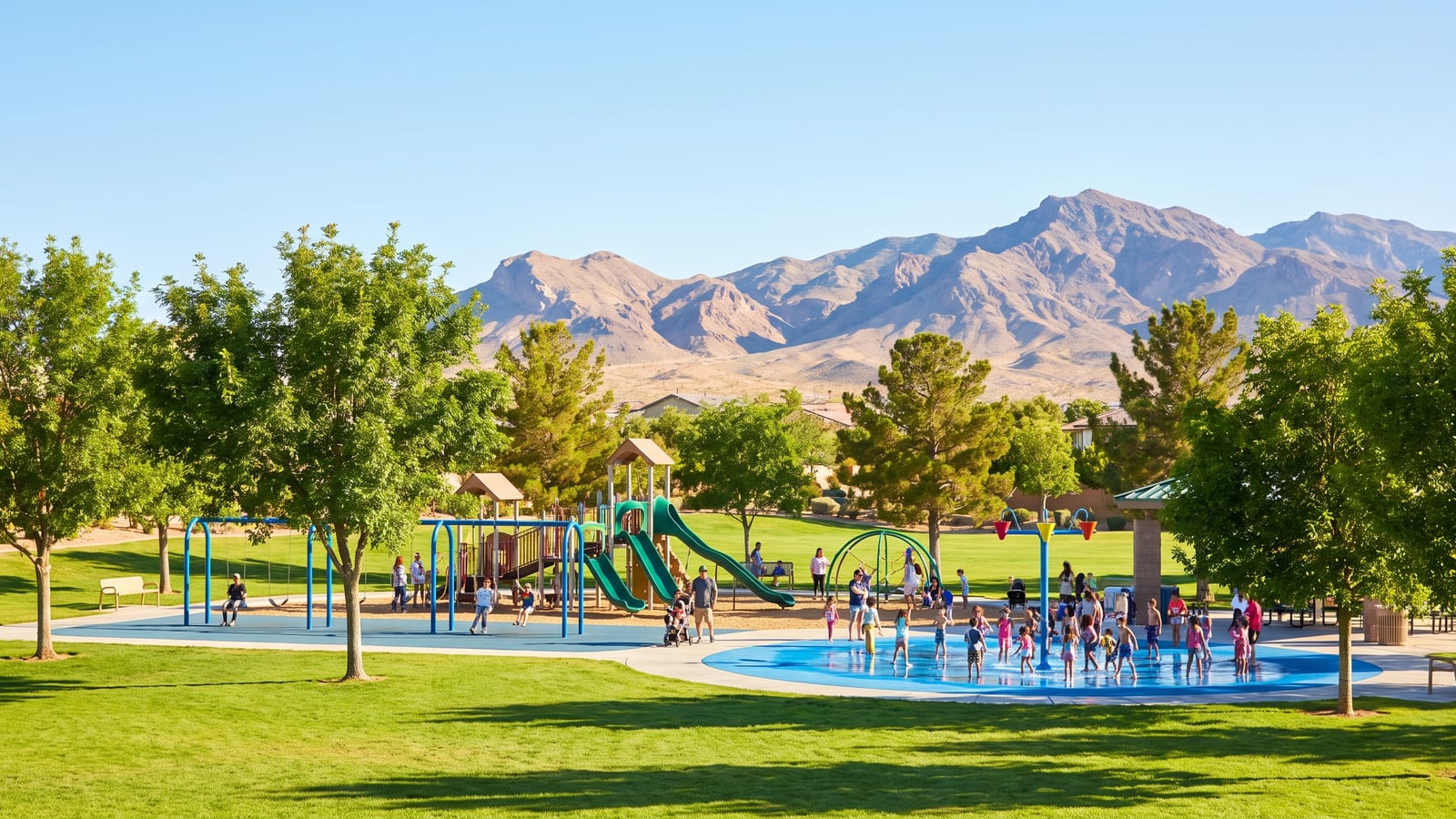 Henderson Nevada suburban park with families and mountain views, among the best Las Vegas suburbs 2026
