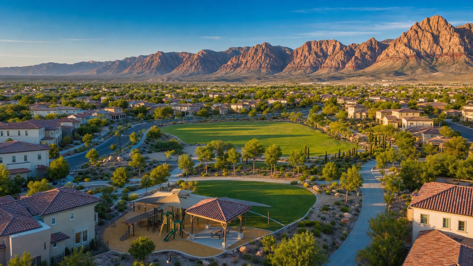 Mature tree-lined street in The Paseos, a Summerlin North village with quick 215 Beltway access and low pass-through traffic
