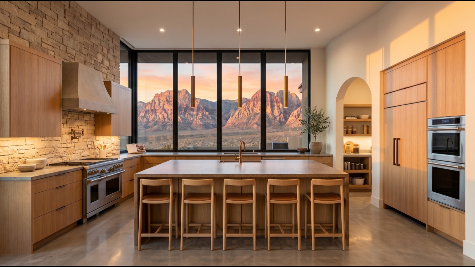 Bright Summerlin kitchen with quartz island, warm wood cabinetry, updated pendant lighting, and Red Rock mountain views through large windows