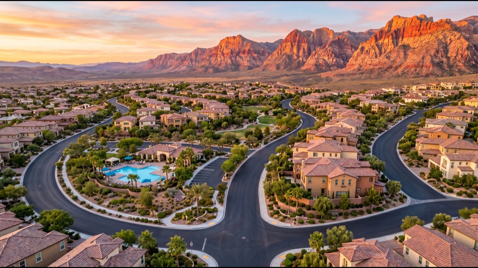 Summerlin villages with tree-lined streets and community green space set against the Red Rock Canyon conservation area backdrop