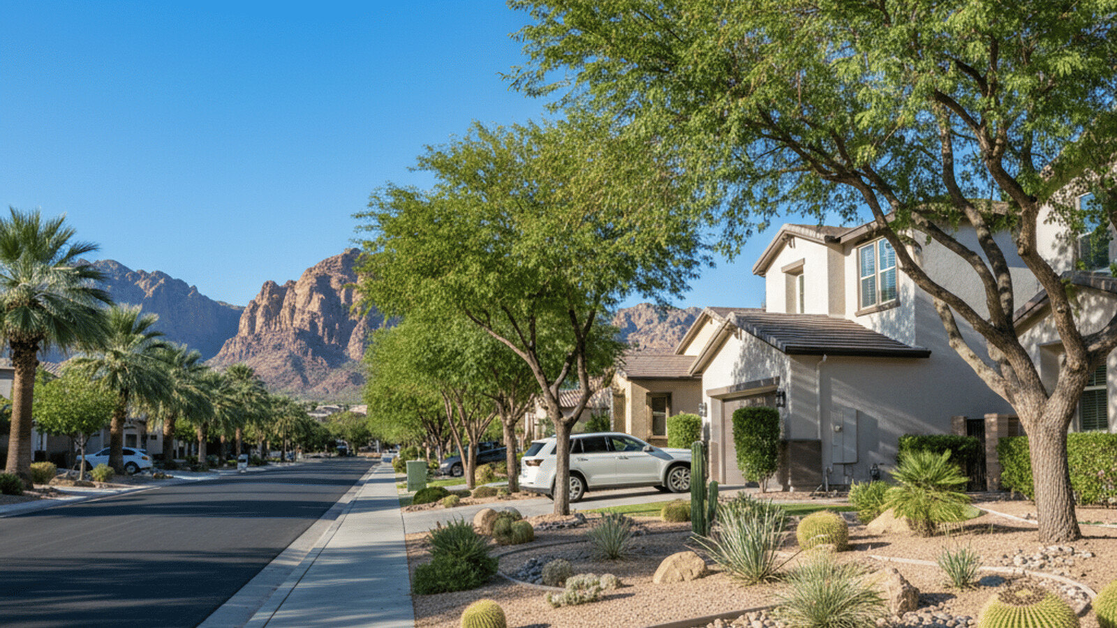 Summerlin residential street with manicured desert landscaping and mountain backdrop, typical of the villages relocating buyers tour in 2026