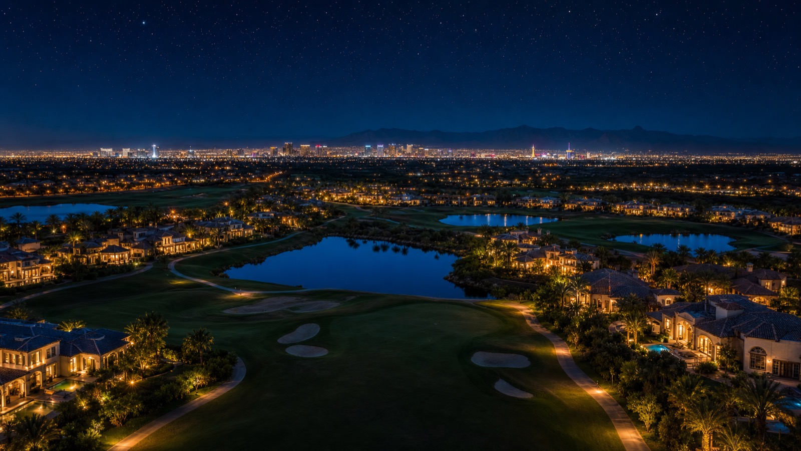 Twilight view of a guard-gated Summerlin luxury golf community with custom homes framing the fairway near Red Rock Canyon