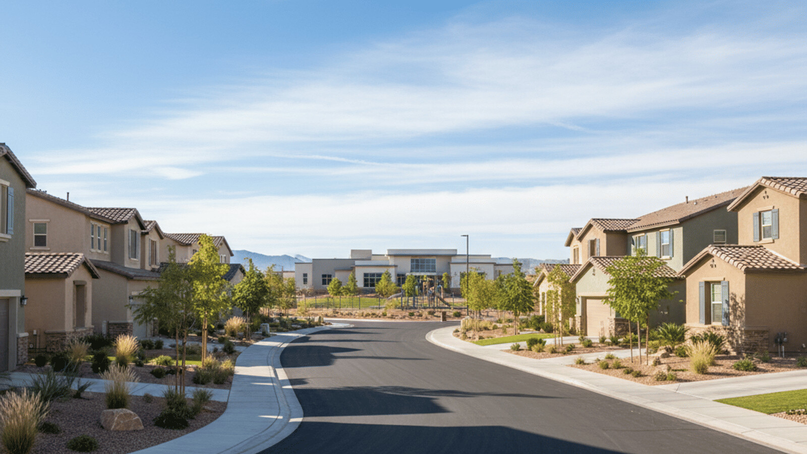 Cyclist on a paved Summerlin trail with desert landscaping and the Spring Mountains in the distance