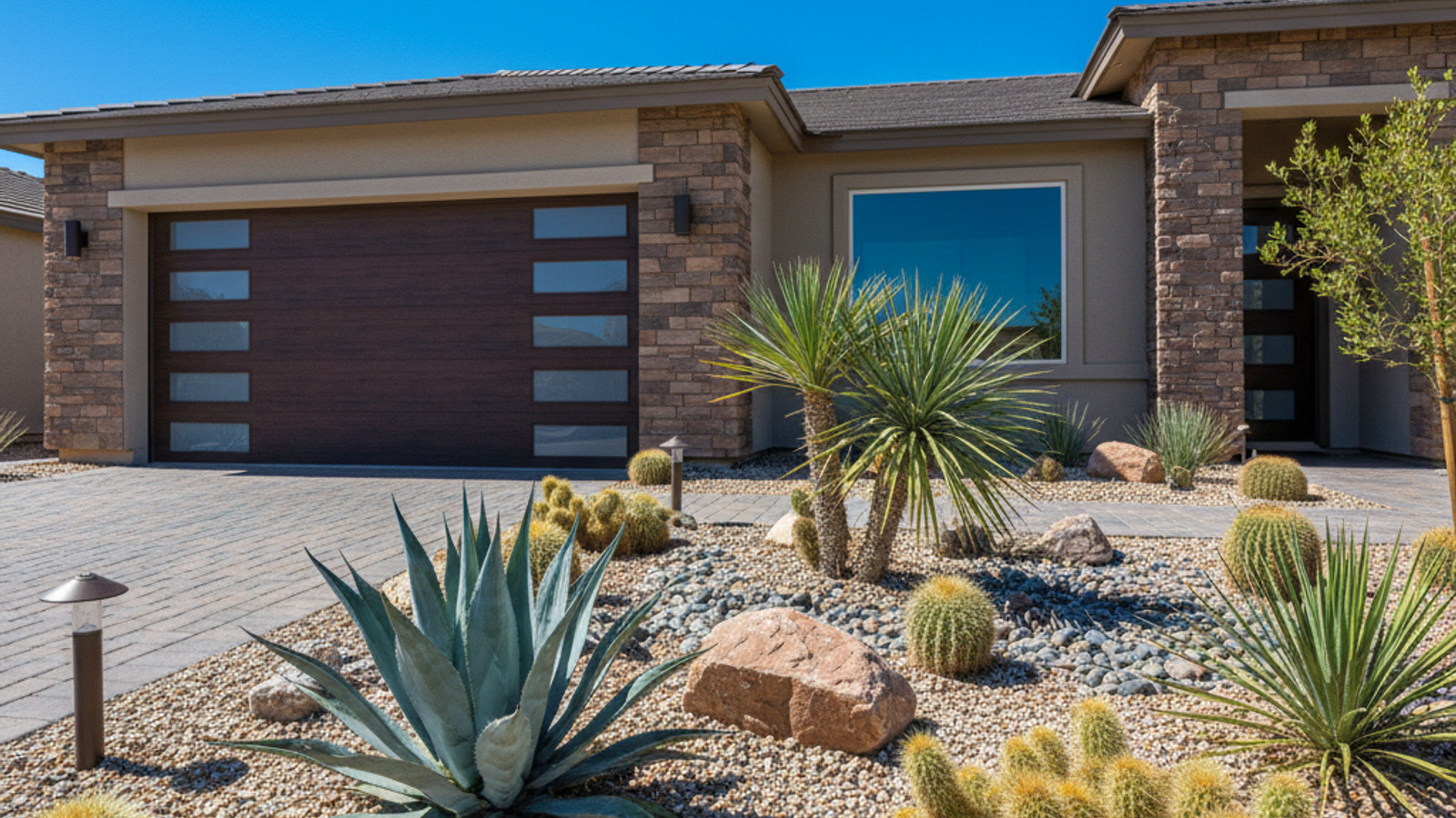 Summerlin home exterior with an upgraded insulated garage door, manufactured stone veneer, and desert xeriscape front yard