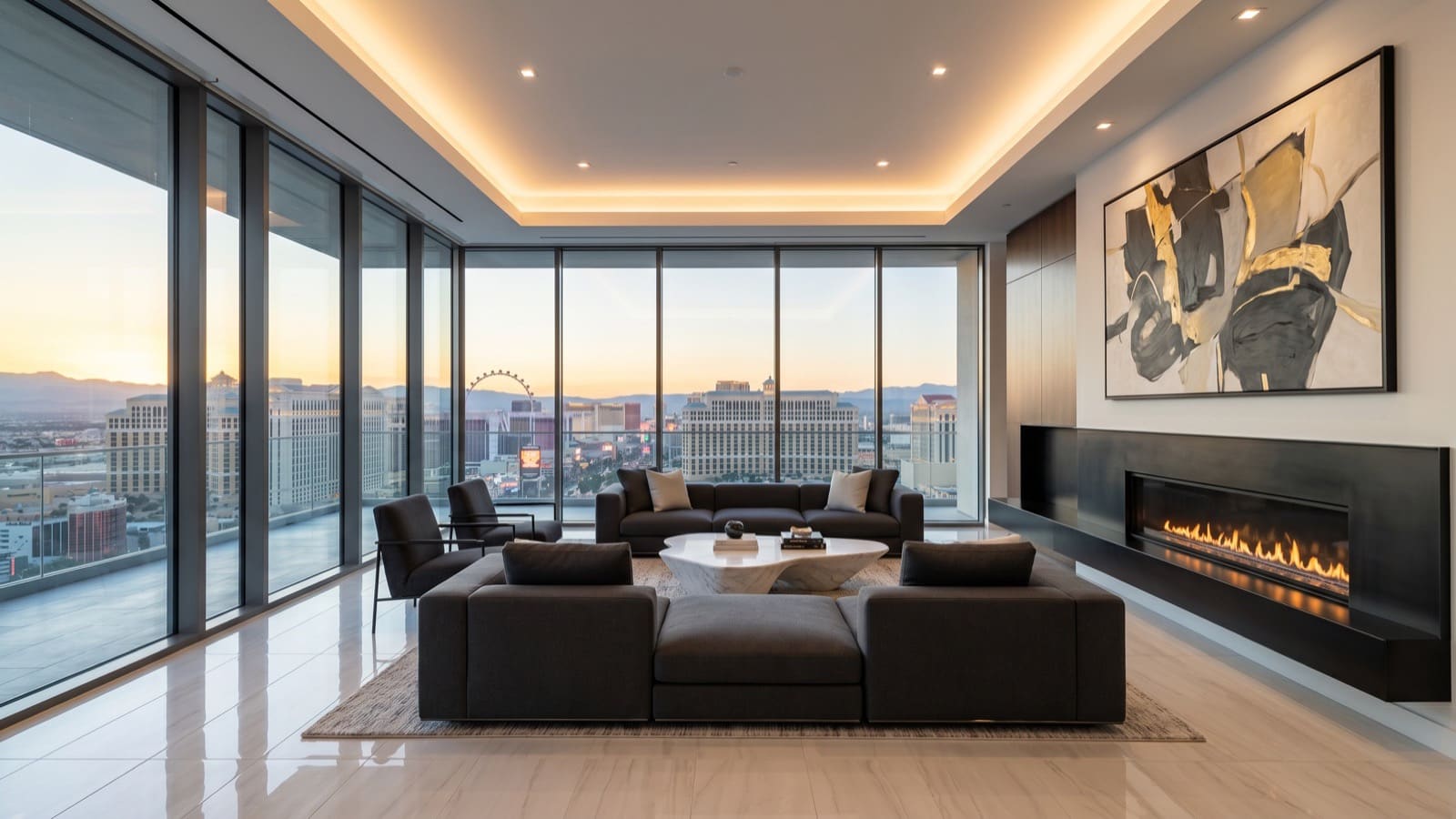Illustration of a high-floor condo living room with floor-to-ceiling windows facing a resort skyline at sunset