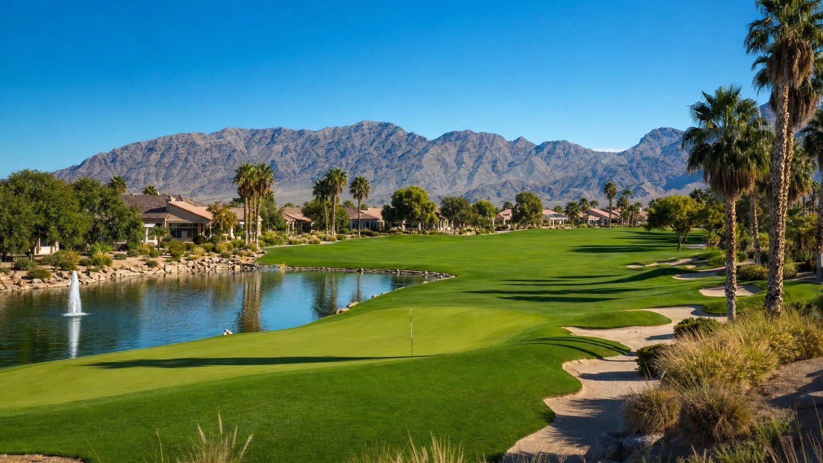 Golf course fairway and green inside a Henderson 55+ community, with the Revere Golf Club running through the middle of Sun City Anthem
