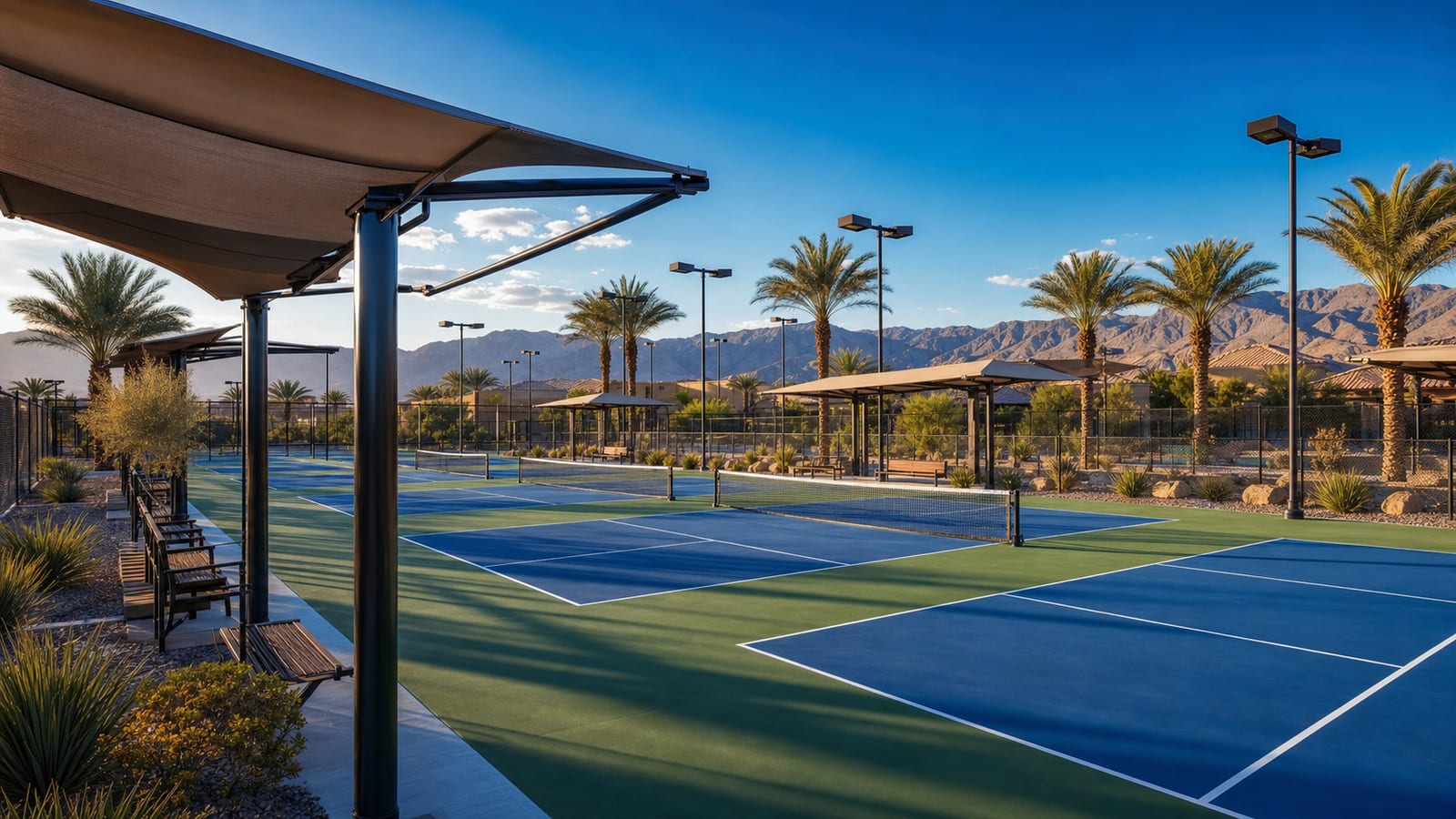 Sun City Anthem dedicated pickleball court complex with resident players and resort-style landscaping