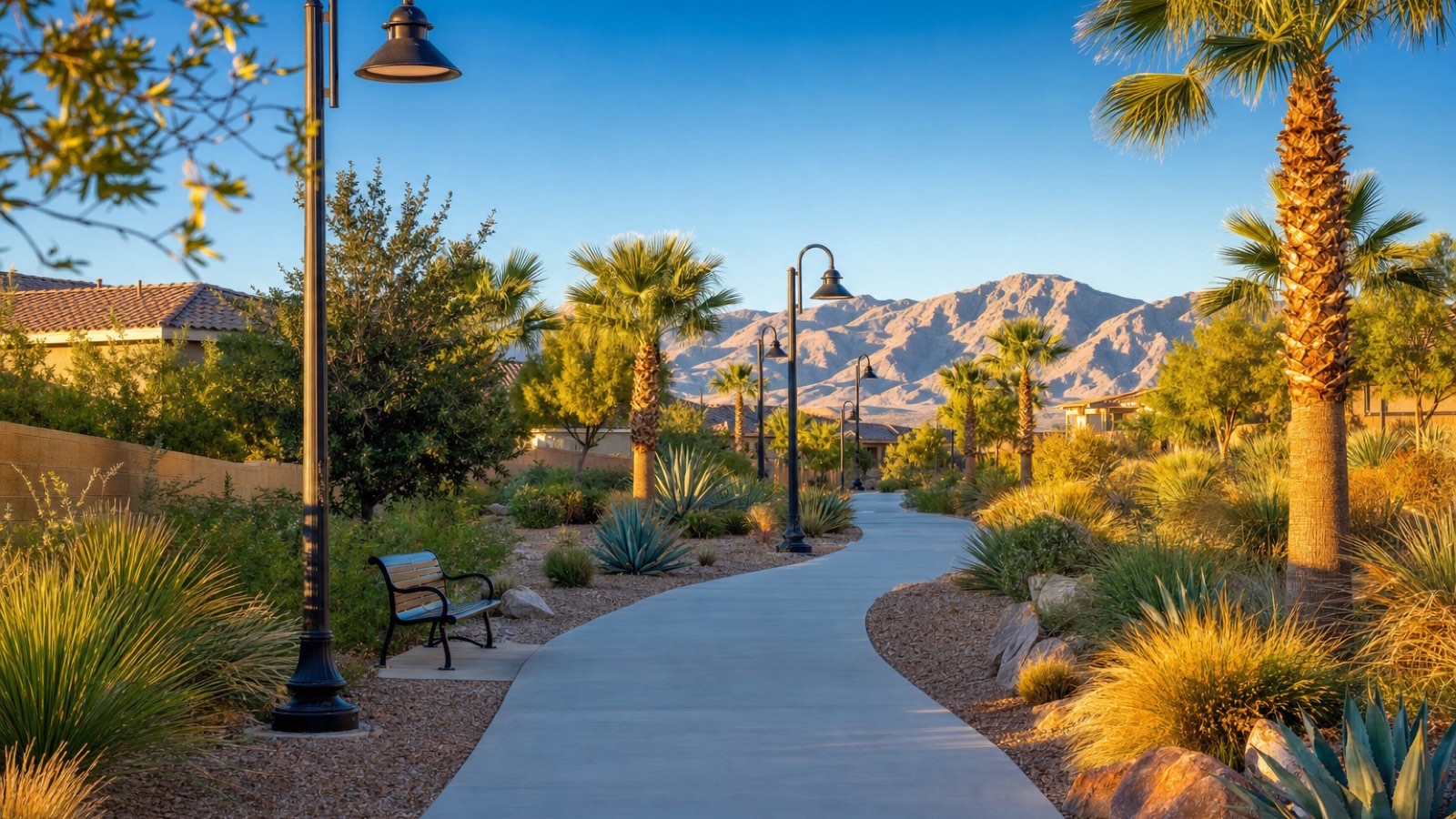 Landscaped walking path through a Las Vegas 55+ active adult community, the kind of daily amenity both Sun City communities provide