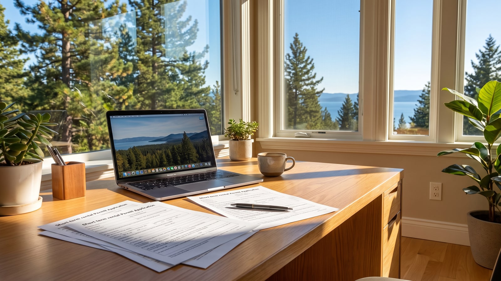 Sunlit desk with short-term rental permit application paperwork and a laptop showing Lake Tahoe, representing the re-permitting process every Nevada-shore STR buyer faces after closing