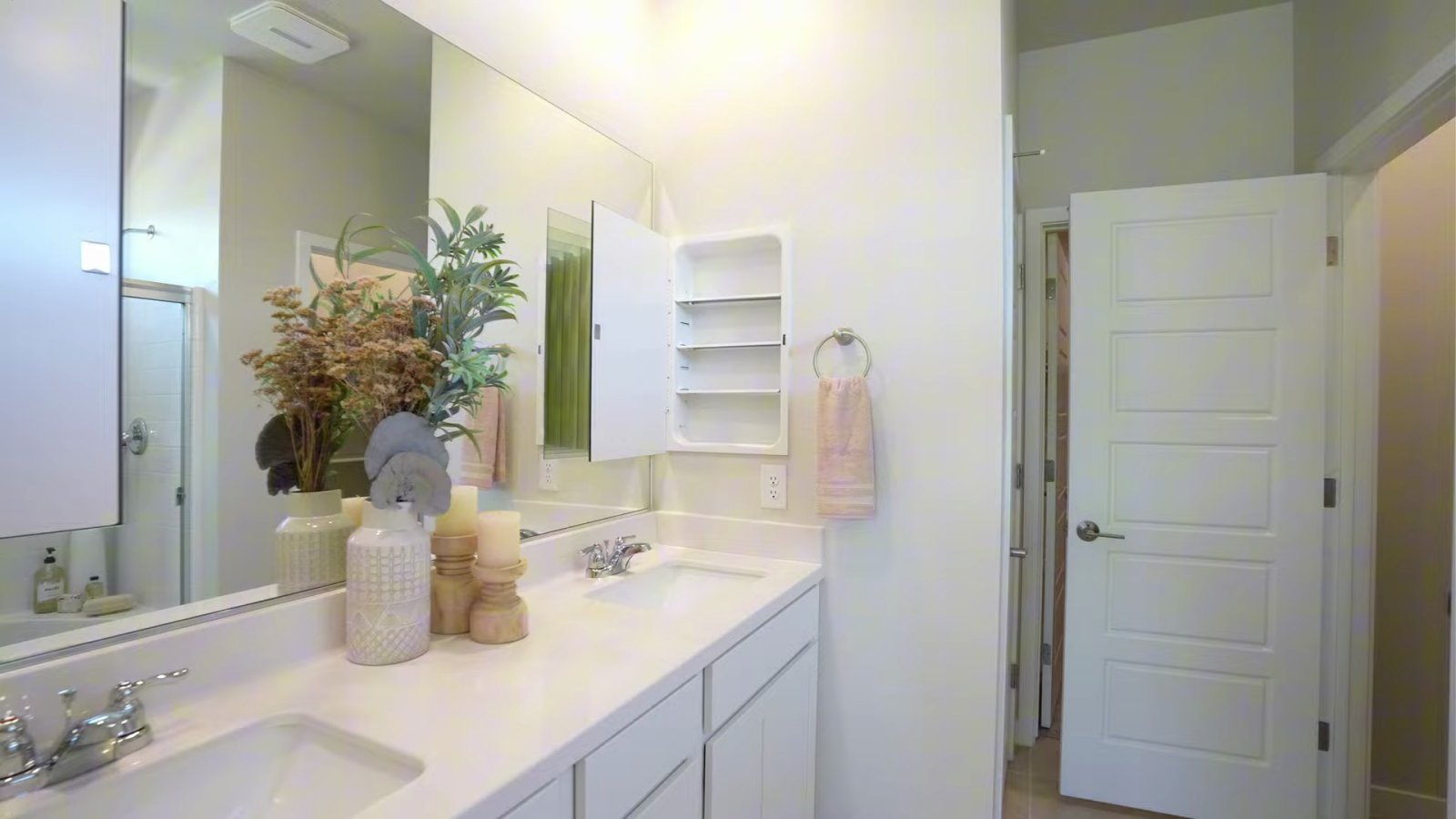 Primary bathroom in the Taylor Morrison Daffodil model at Ovation with a white double vanity, open medicine cabinet and a door to the walk-in closet