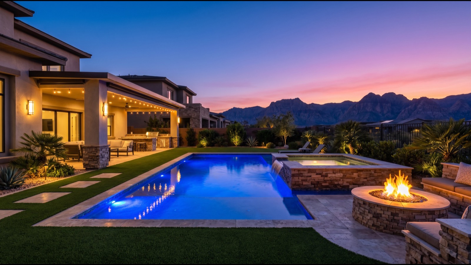 Resort-style amenity center and pool at a Summerlin luxury villa community, the shared amenities that define Esplanade at Red Rock