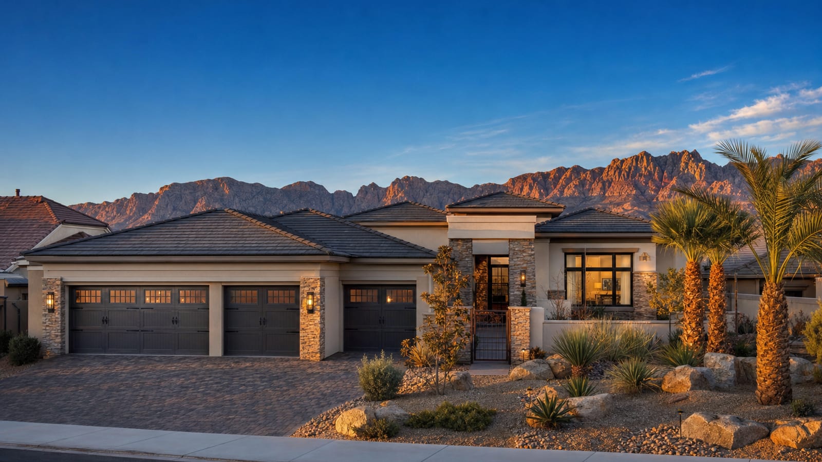 The Paseos Summerlin Mediterranean single-family home exterior with established landscaping and warm stucco architectural details