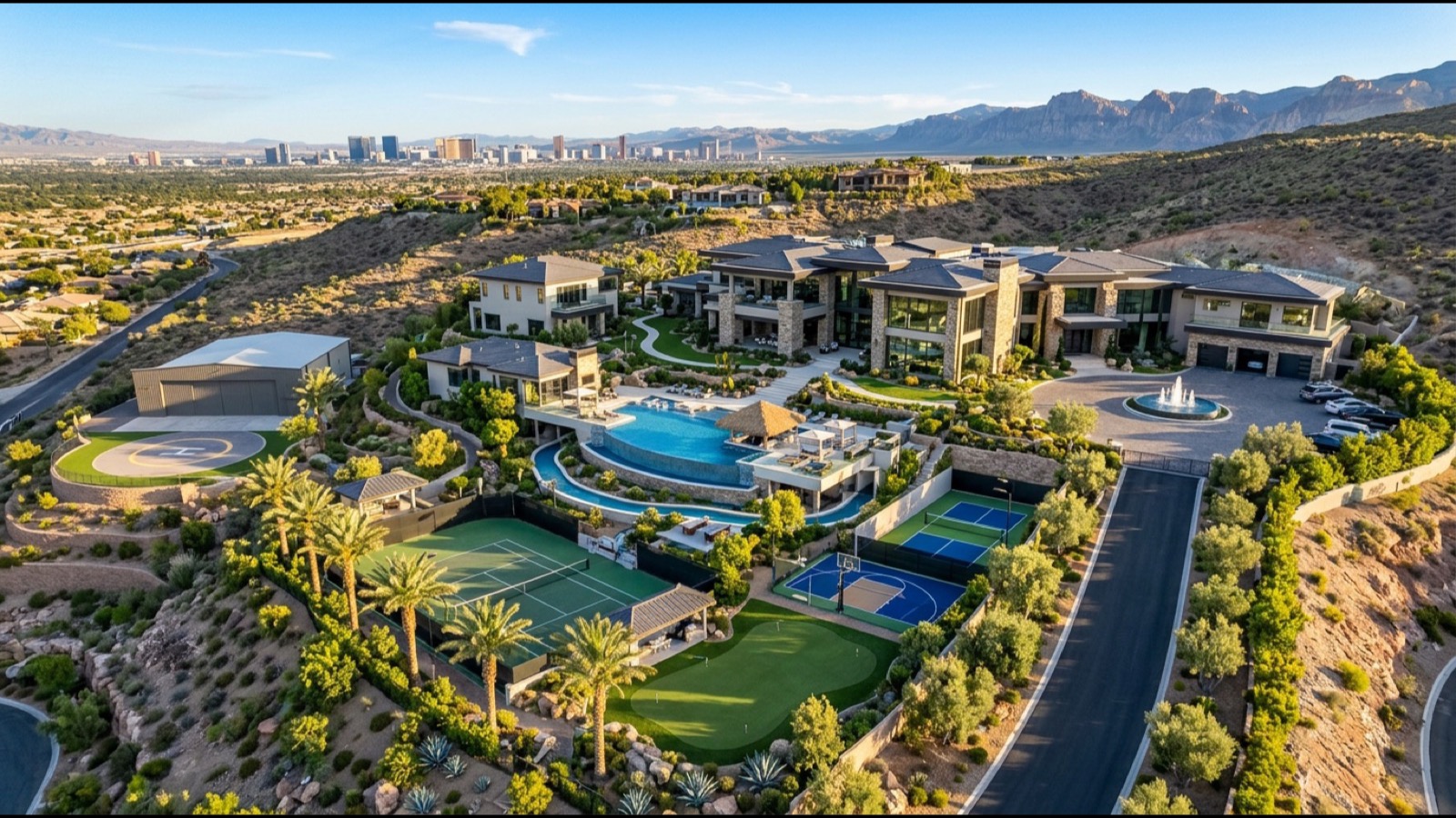 Discovery Land private golf clubhouse amenity with pool deck and contemporary architecture at golden hour