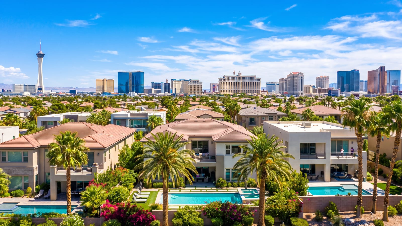 Las Vegas homes with pools in the foreground and the Strip high-rise skyline behind them in 2026