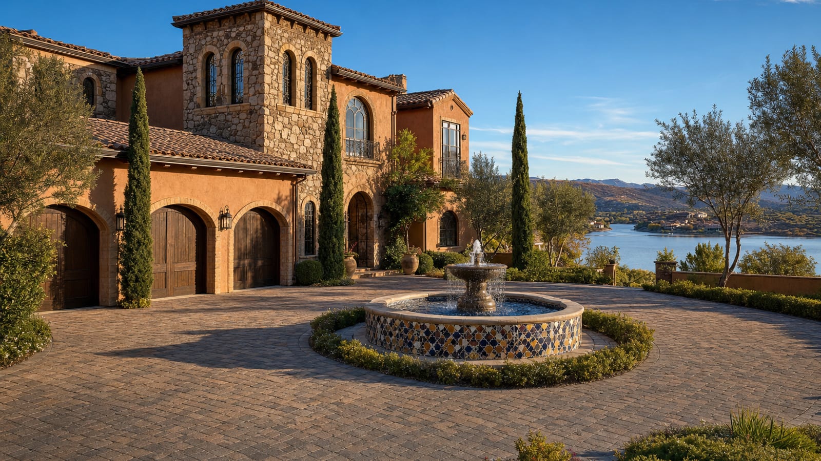 Tuscan-style custom estate with a tiled fountain courtyard overlooking Lake Las Vegas in Henderson in 2026