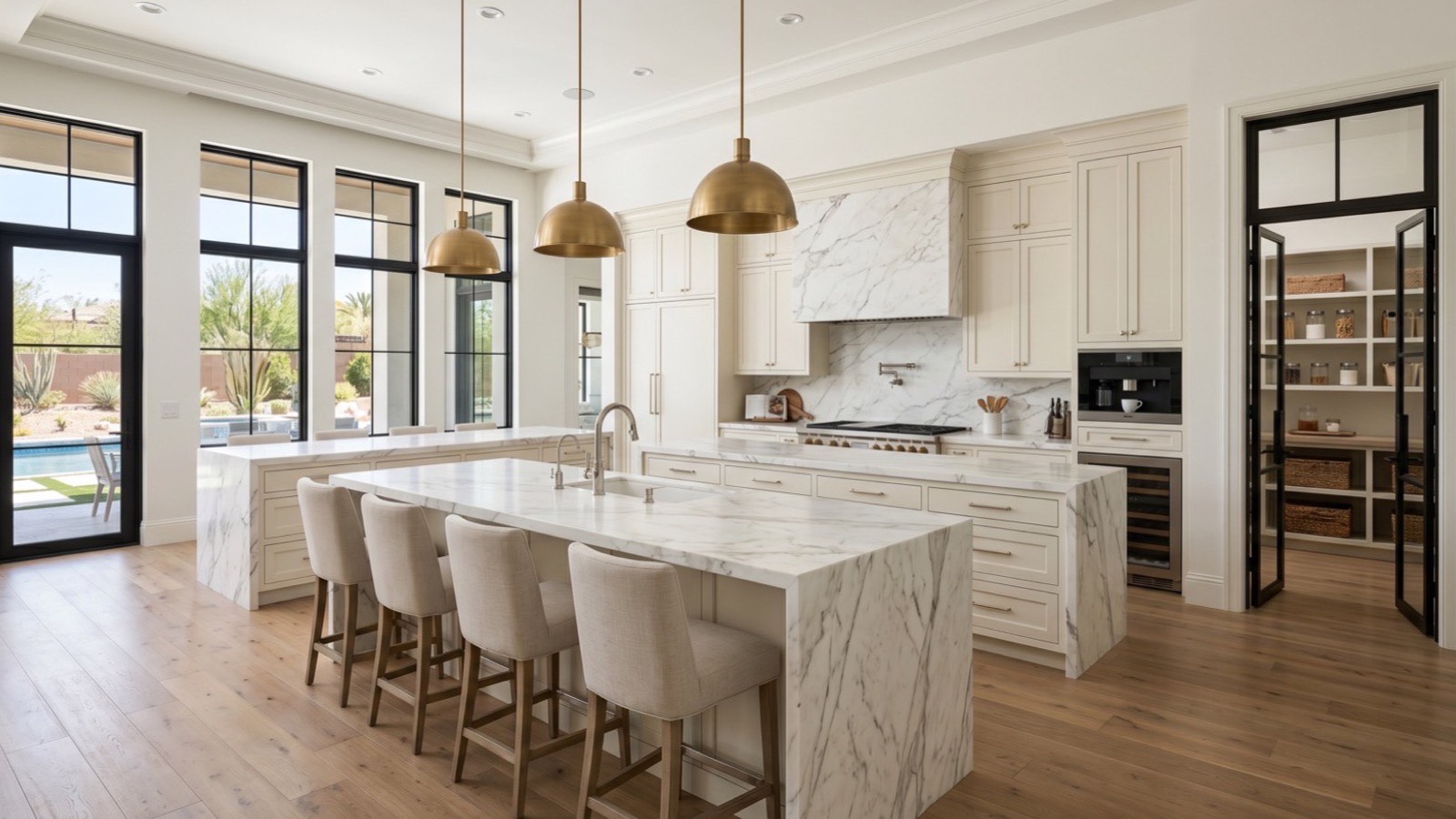 Luxury Las Vegas kitchen with marble waterfall island, brass pendants and steel-framed glass doors, the kind of finish package chosen at a builder design center