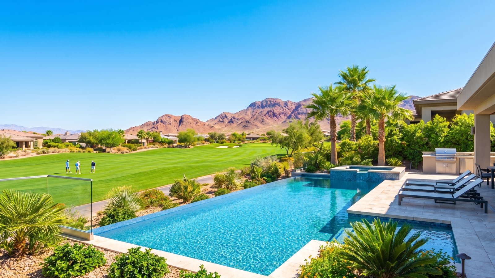 Backyard infinity pool of a Summerlin home overlooking a green golf fairway with golfers and red rock mountains near TPC Las Vegas