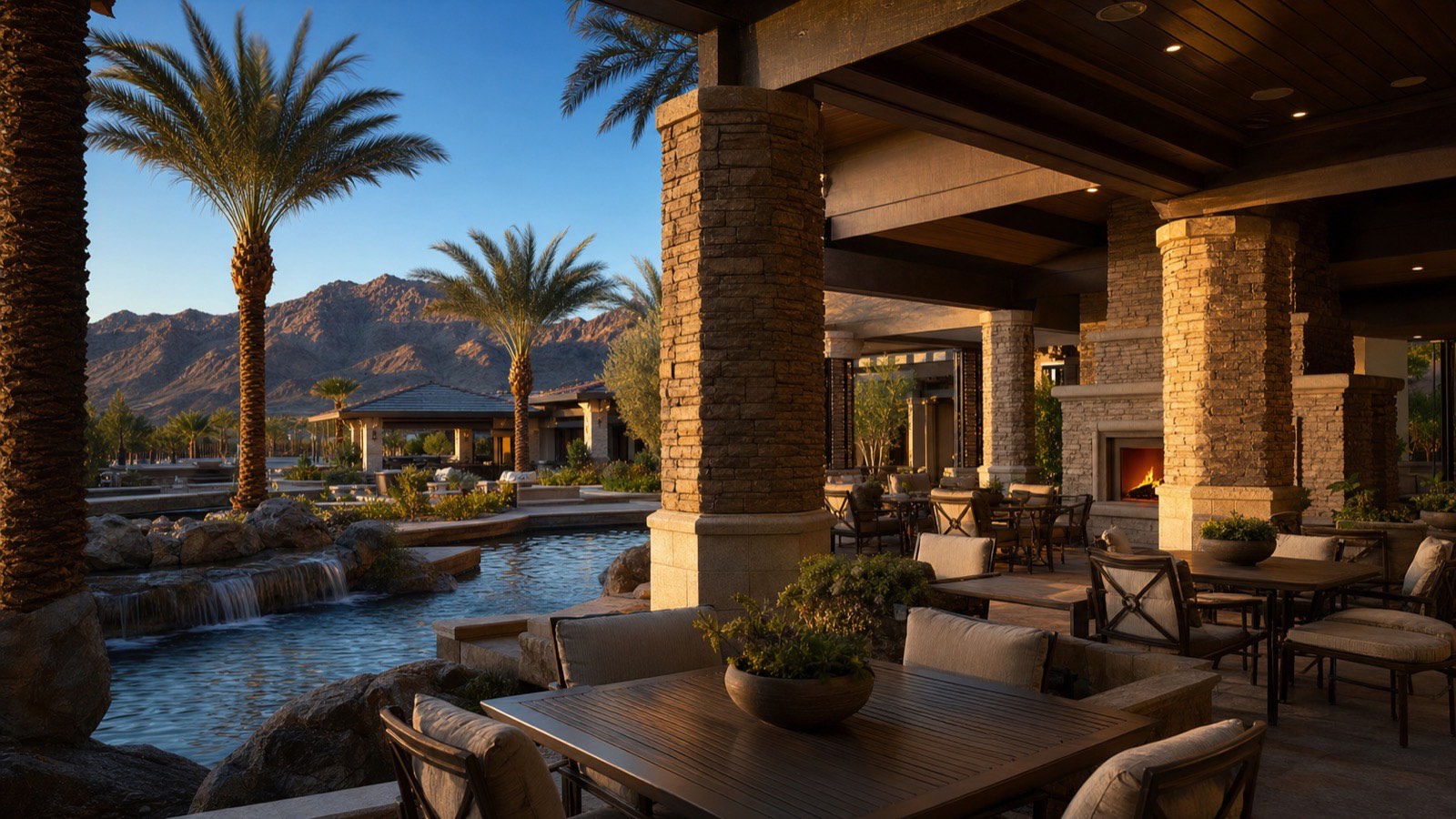 Resort clubhouse patio and pool at a guard-gated Summerlin 55+ community, the kind of club that anchors Trilogy at Summerlin's Outlook Club