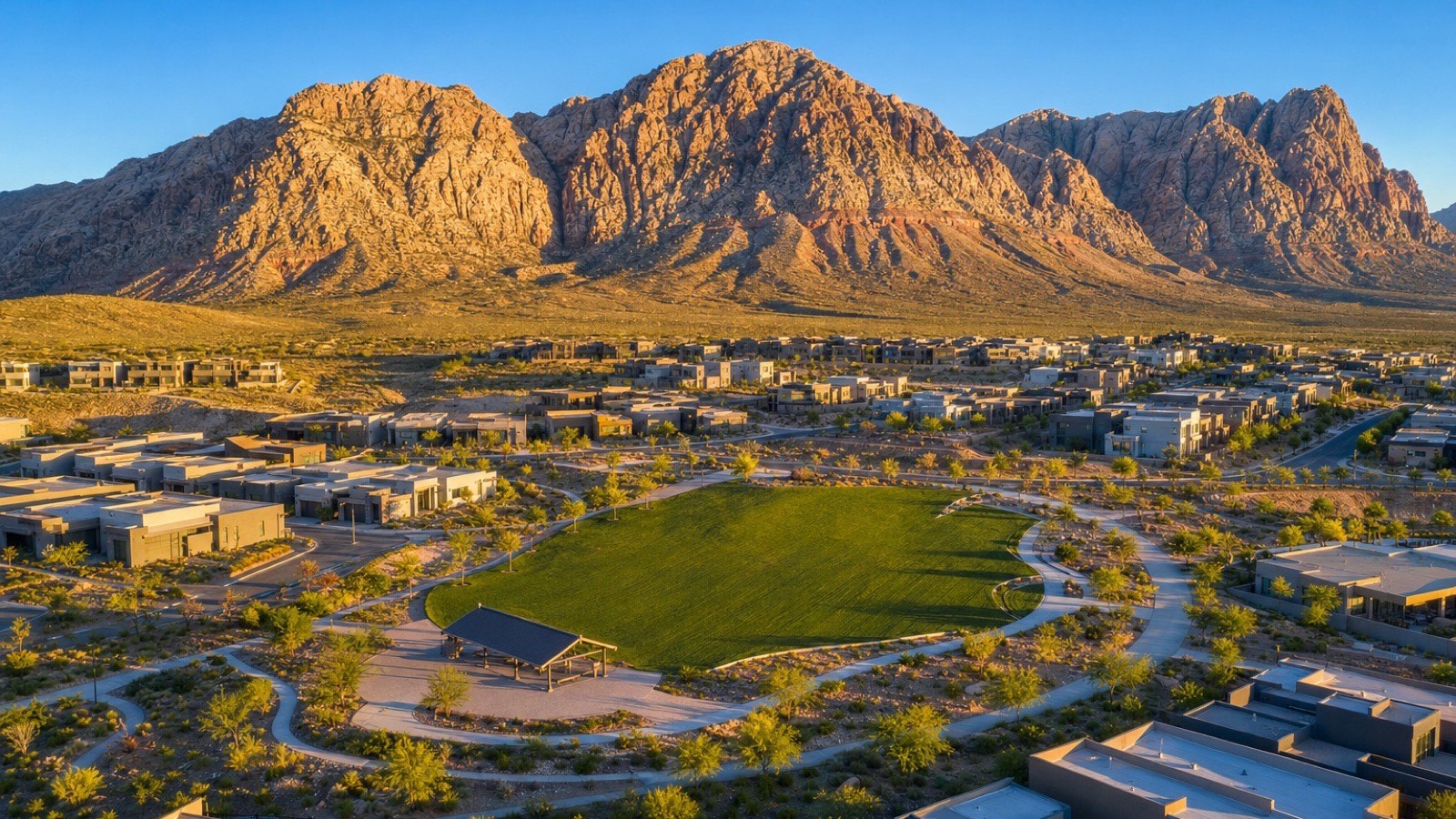 Aerial view of Summerlin's Stonebridge village, home to Heritage at Stonebridge, the third guard-gated 55+ option near Trilogy and Regency