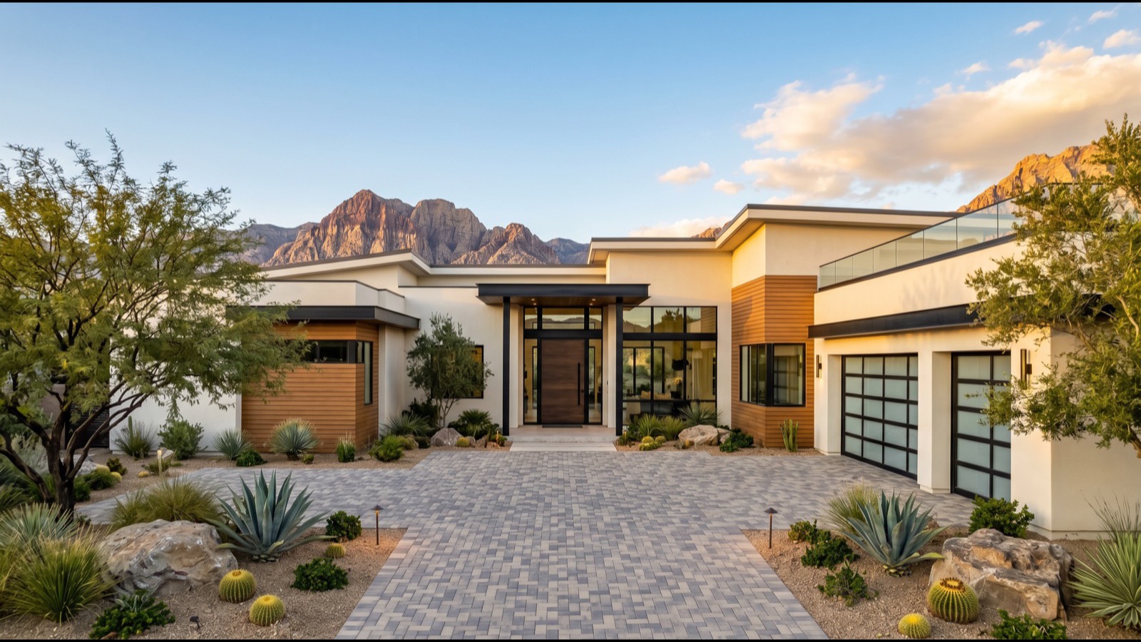 Las Vegas HOA common area converted from grass to desert xeriscape landscaping with mature trees retained
