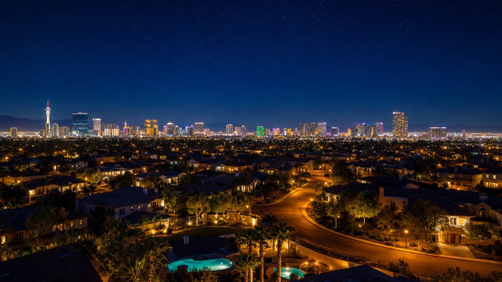 Las Vegas Strip skyline context at night showing Turnberry Place's Paradise Road positioning relative to the central Strip resort corridor