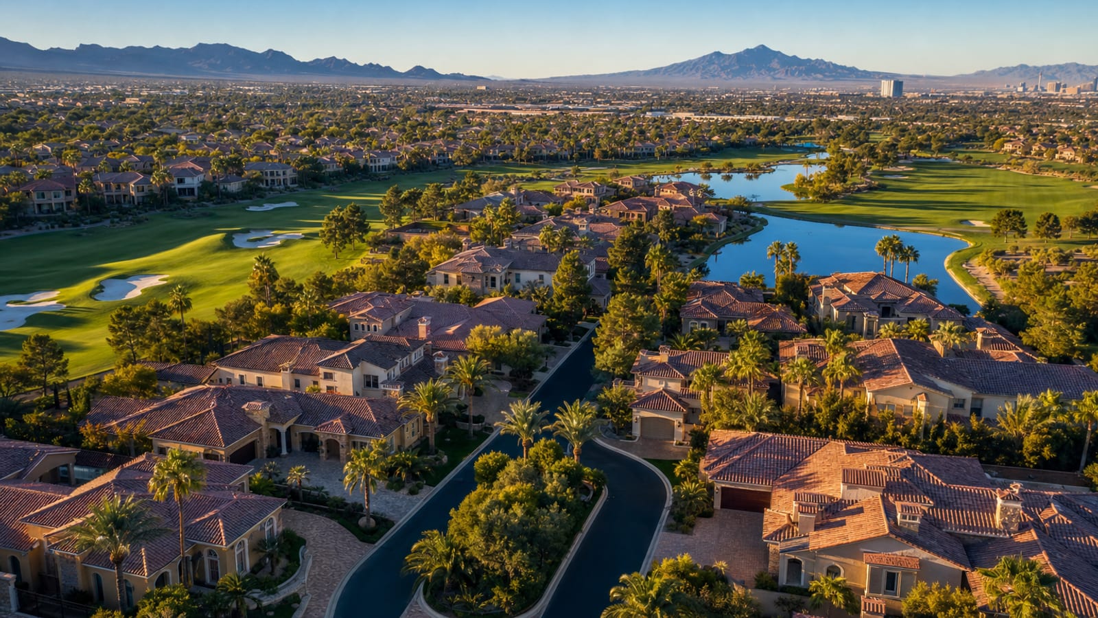 Tuscany Henderson gated golf master plan aerial showing Tuscan-styled single-family homes and the Ted Robinson golf course fairways