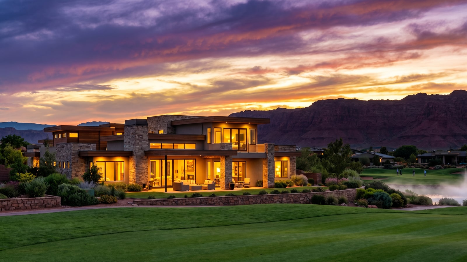 Twilight exterior of a luxury golf-course home glowing beside a Summerlin fairway with red rock mountains near TPC Las Vegas