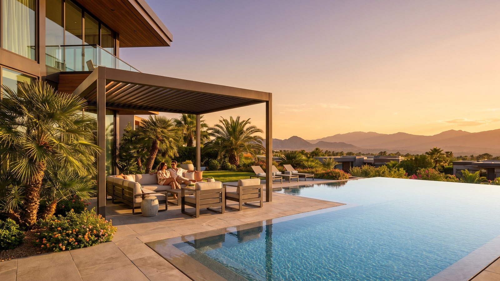 Couple enjoying spacious Las Vegas home patio after relocating from San Diego with monthly savings
