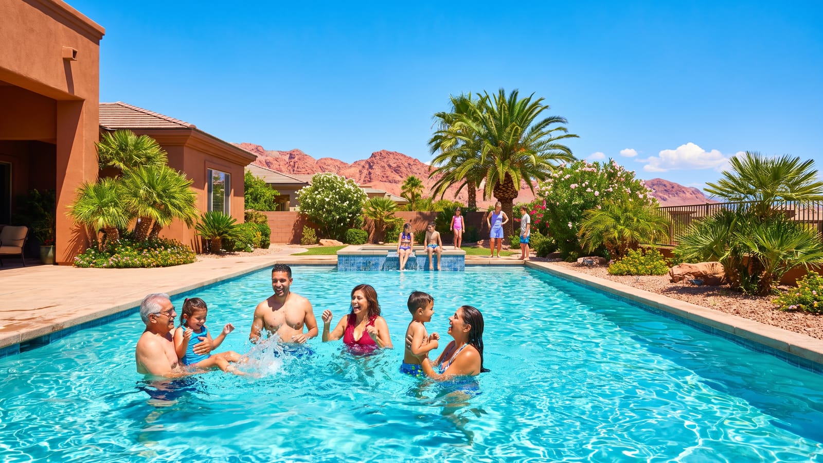 Family enjoying backyard pool sunshine in Las Vegas after relocating from Seattle in 2026