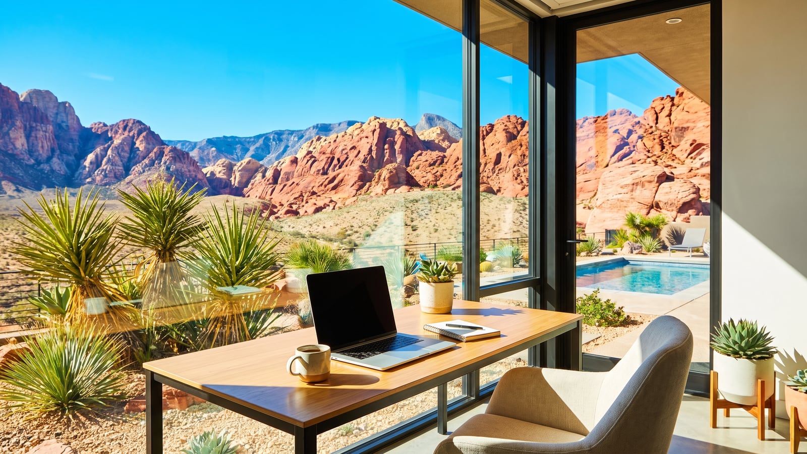 Remote tech worker home office with Las Vegas red rock views after relocating from San Francisco