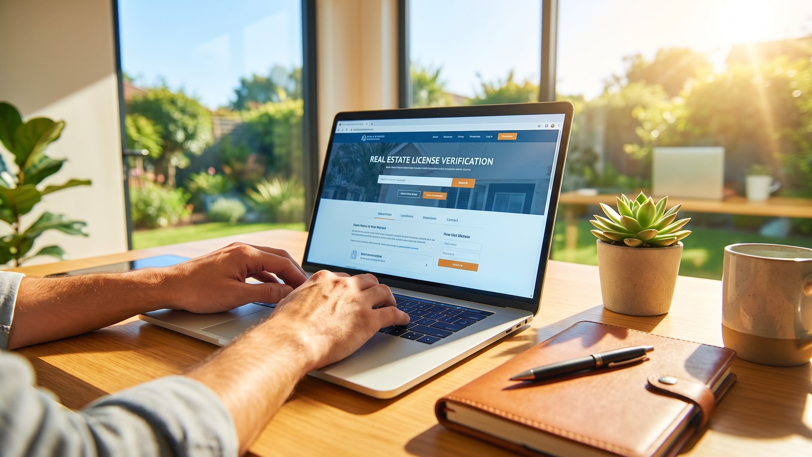Person using a laptop showing a real estate license verification website in a bright sunlit home office