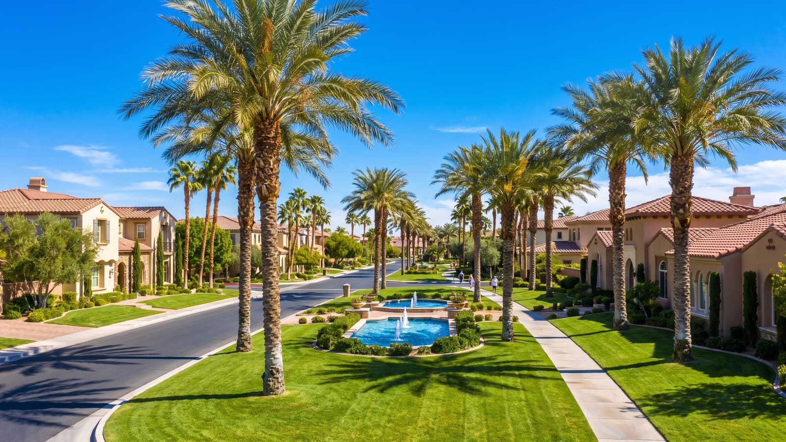 Palm-lined interior street of a gated residential community in Las Vegas with Mediterranean rooftops and blue sky