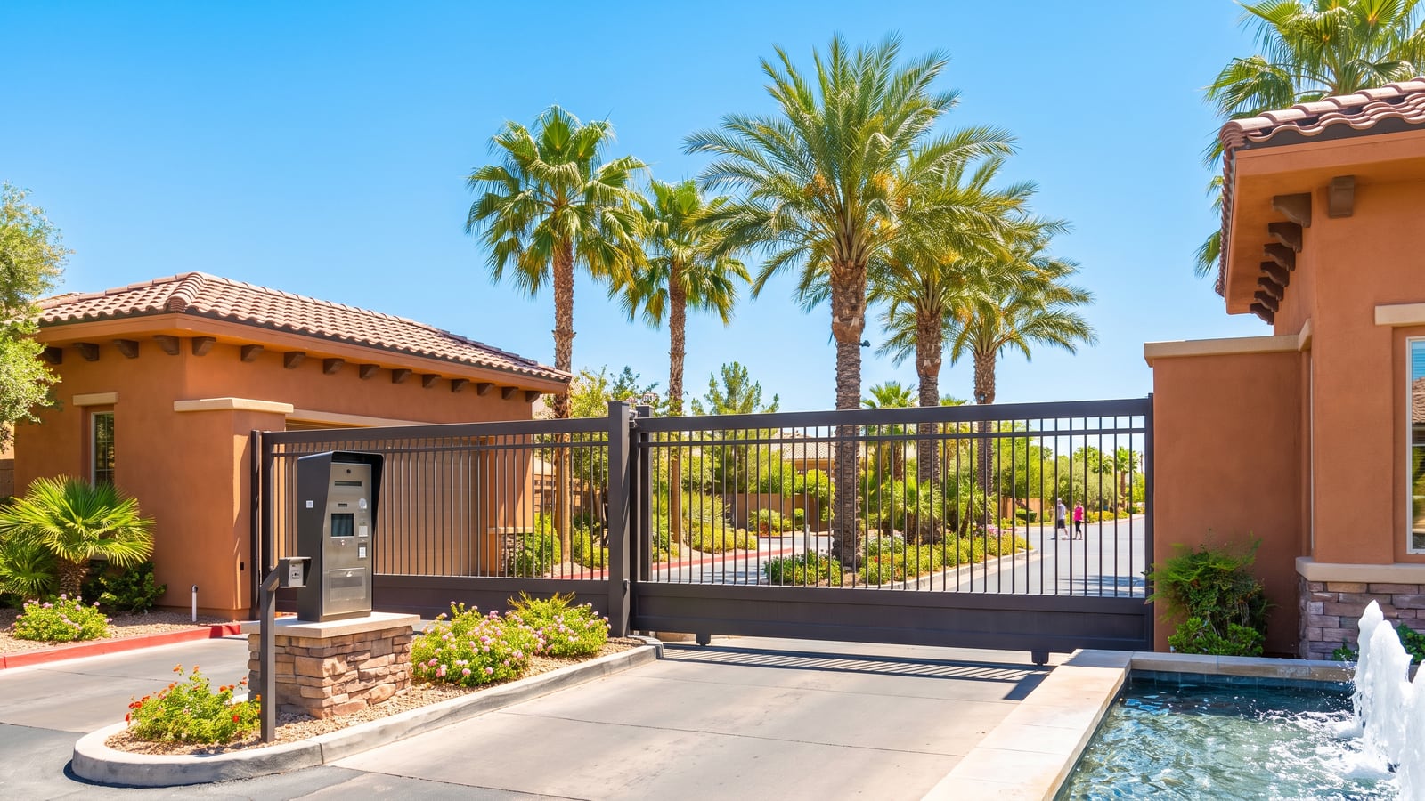 Controlled-access gate and Mediterranean stucco wall with palm trees at a southwest Las Vegas gated community like Vizcaya
